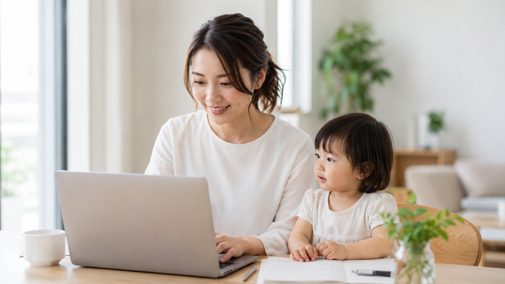 短時間勤務で働く女性と子どものイメージ
